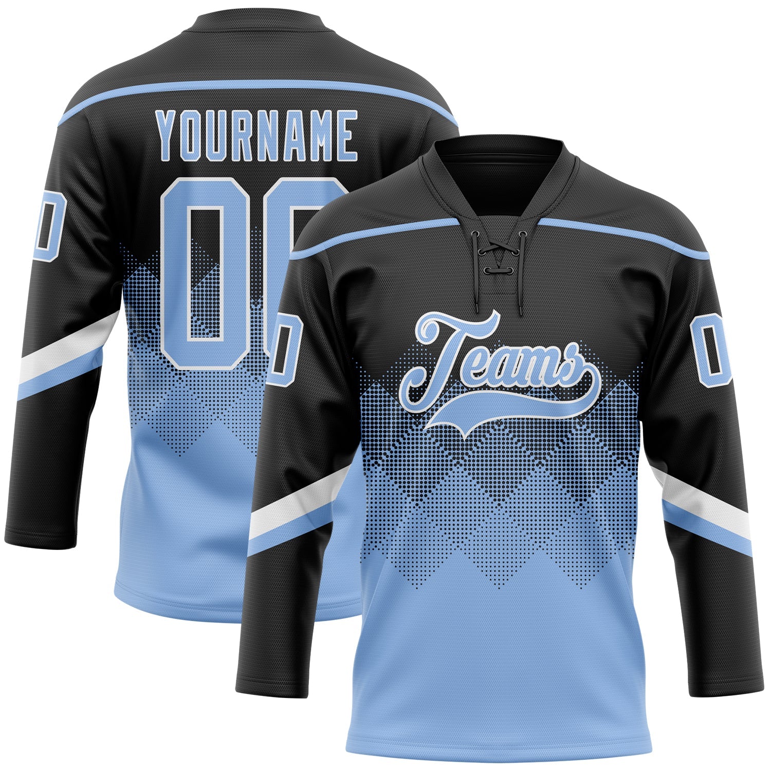 Custom Black Light Blue-White 3D Pattern Gradient Square Shapes Hockey Lace Neck Jersey