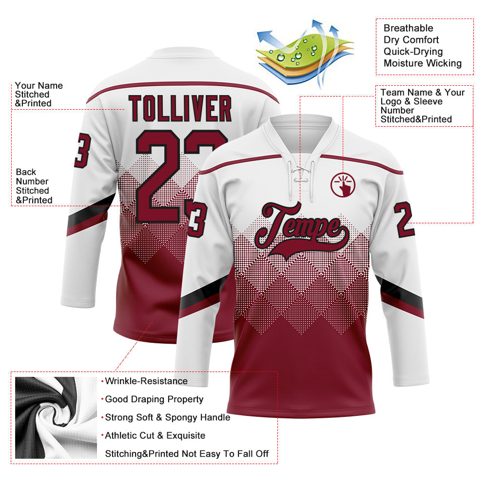 Custom White Crimson-Black 3D Pattern Gradient Square Shapes Hockey Lace Neck Jersey