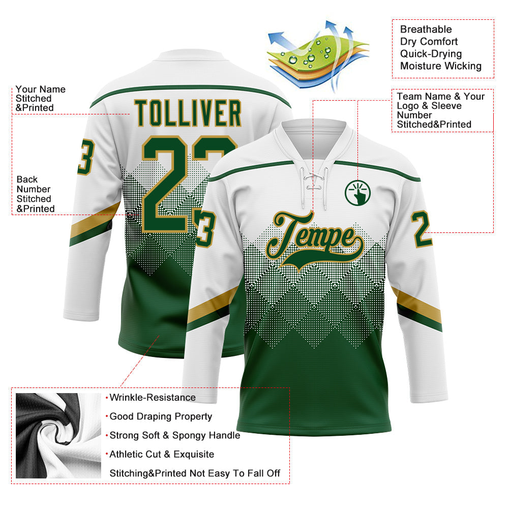 Custom White Green-Old Gold 3D Pattern Gradient Square Shapes Hockey Lace Neck Jersey