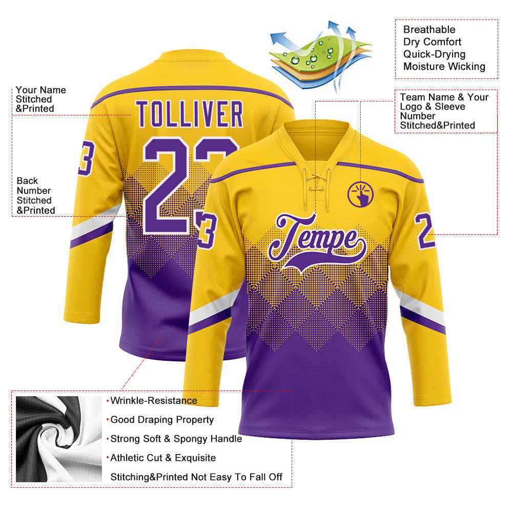 Custom Yellow Purple-White 3D Pattern Gradient Square Shapes Hockey Lace Neck Jersey