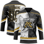 Custom Black White-Old Gold 3D Pattern Gradient Fashion Scratch Hockey Lace Neck Jersey