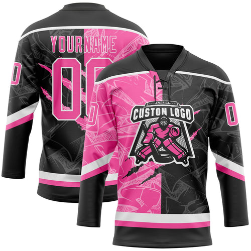 Custom Black Pink-White 3D Pattern Gradient Fashion Scratch Hockey Lace Neck Jersey