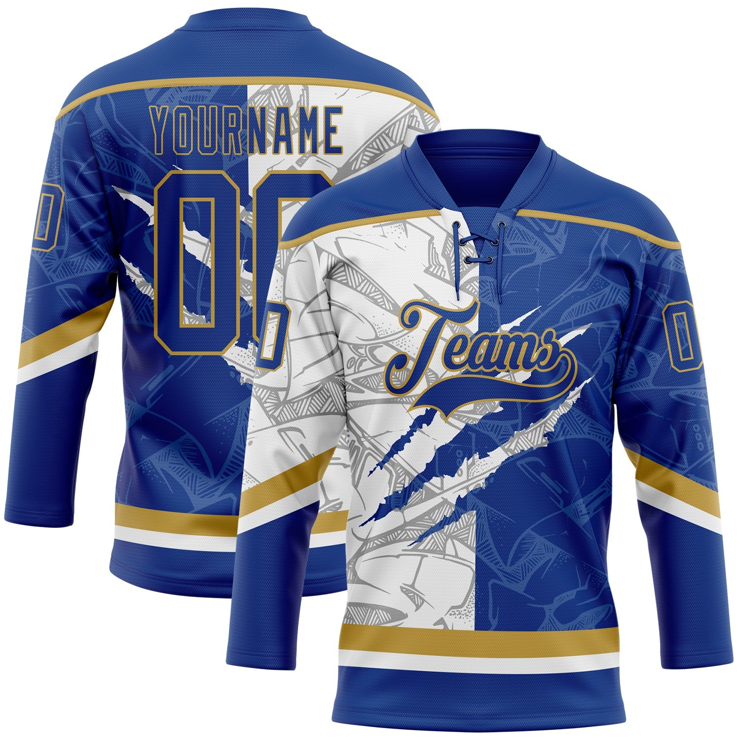 Custom Royal White-Old Gold 3D Pattern Gradient Fashion Scratch Hockey Lace Neck Jersey