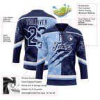 Custom Navy Light Blue-White 3D Pattern Gradient Fashion Scratch Hockey Lace Neck Jersey