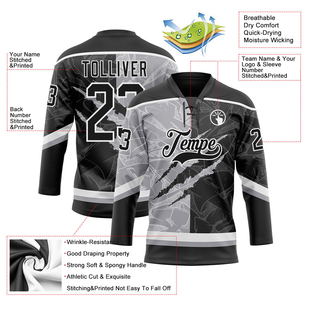 Custom Black Gray-White 3D Pattern Gradient Fashion Scratch Hockey Lace Neck Jersey