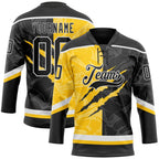 Custom Black Yellow-White 3D Pattern Gradient Fashion Scratch Hockey Lace Neck Jersey