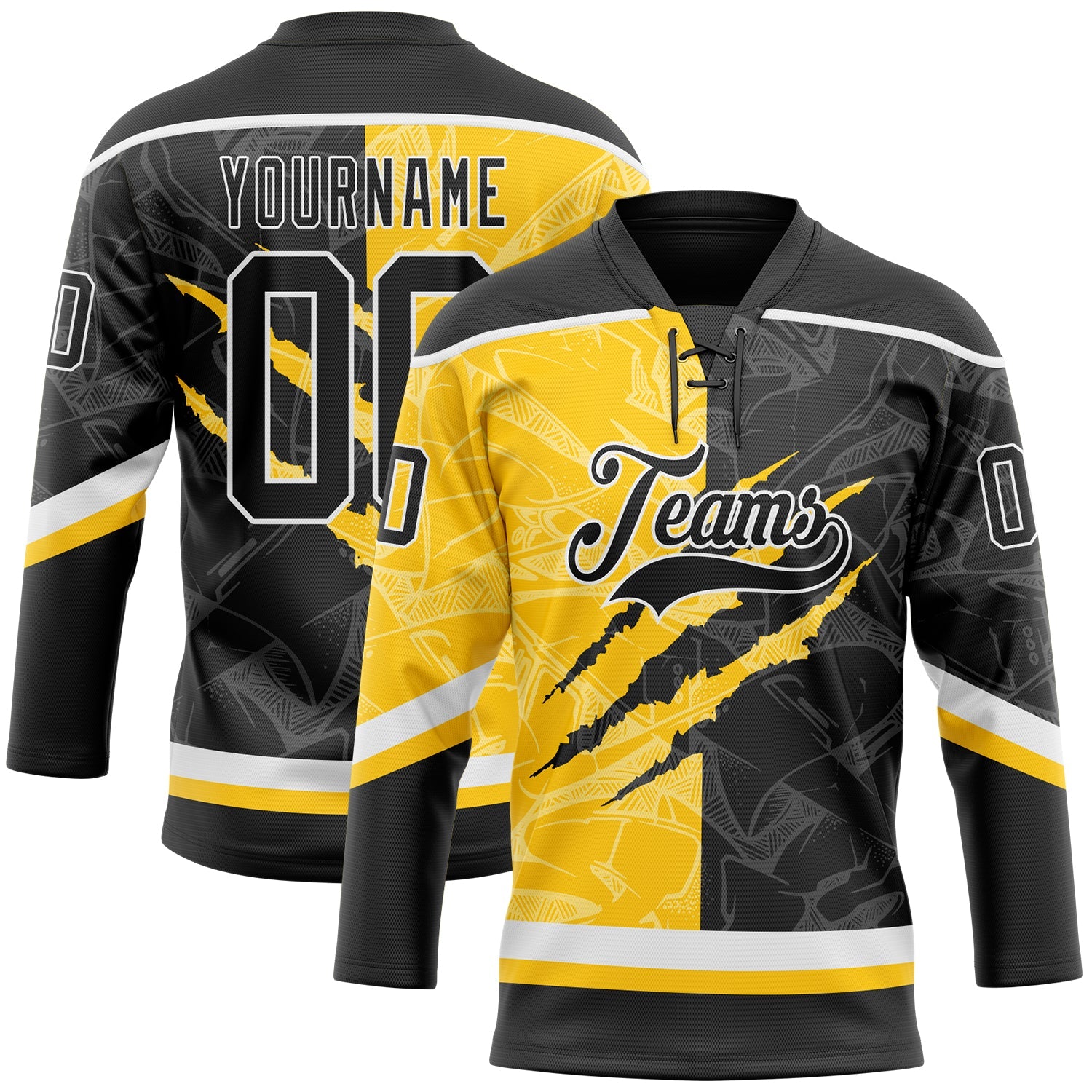 Custom Black Yellow-White 3D Pattern Gradient Fashion Scratch Hockey Lace Neck Jersey