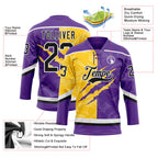 Custom Purple Black Yellow-White 3D Pattern Gradient Fashion Scratch Hockey Lace Neck Jersey