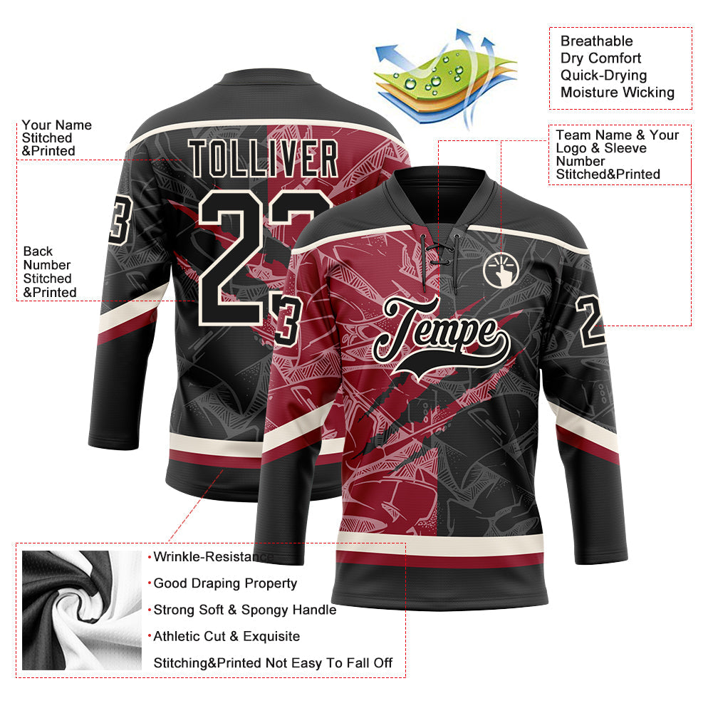 Custom Black Crimson-Cream 3D Pattern Gradient Fashion Scratch Hockey Lace Neck Jersey
