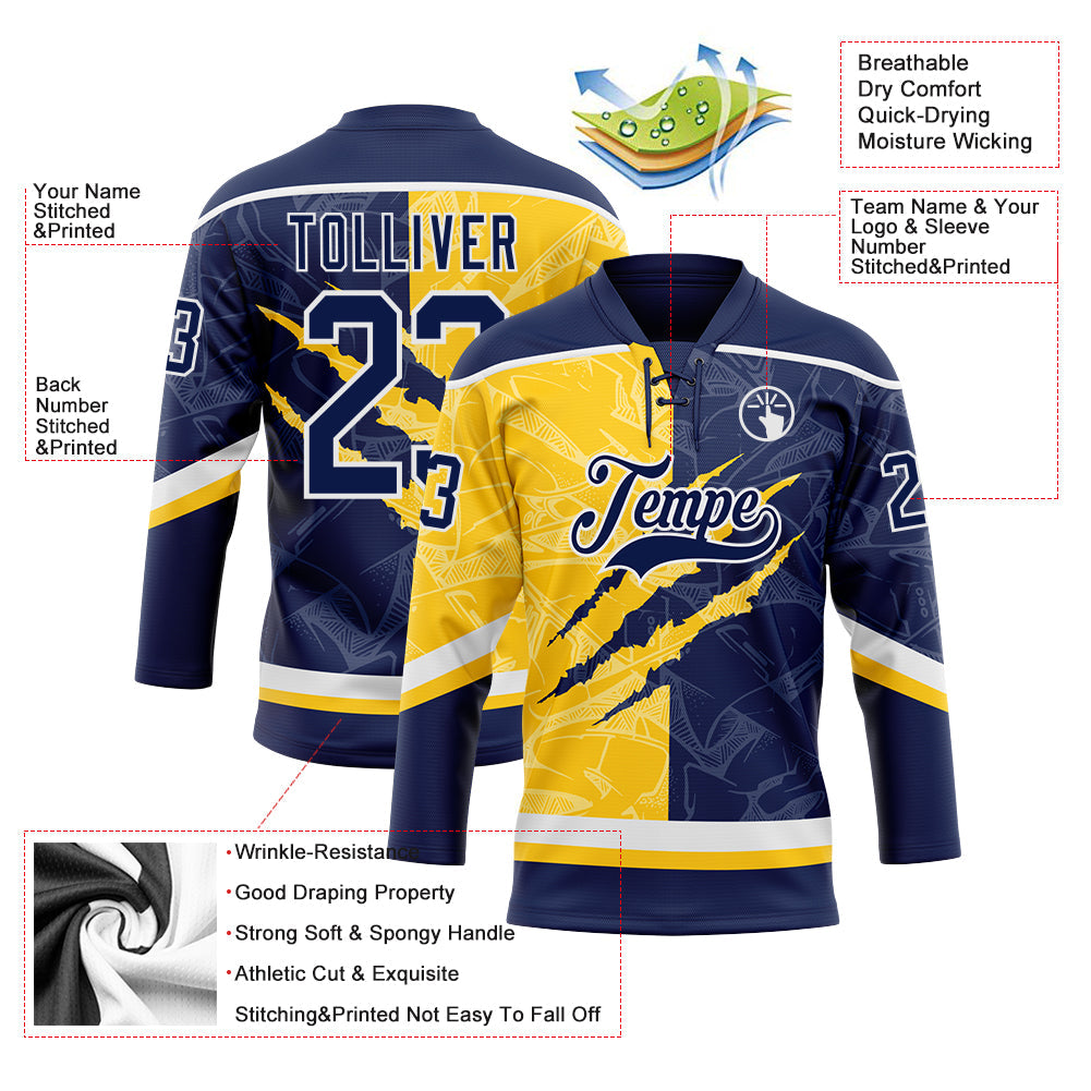Custom Navy Yellow-White 3D Pattern Gradient Fashion Scratch Hockey Lace Neck Jersey