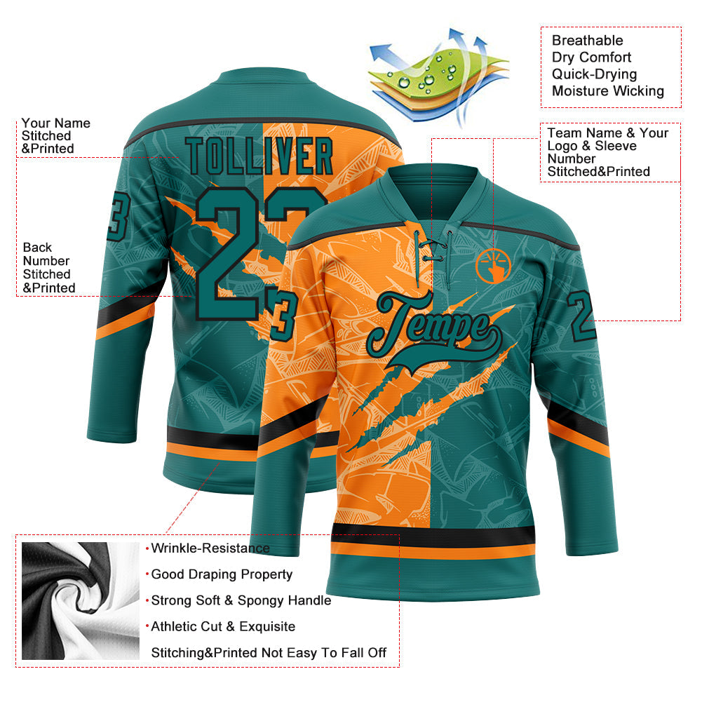 Custom Teal Bay Orange-Black 3D Pattern Gradient Fashion Scratch Hockey Lace Neck Jersey