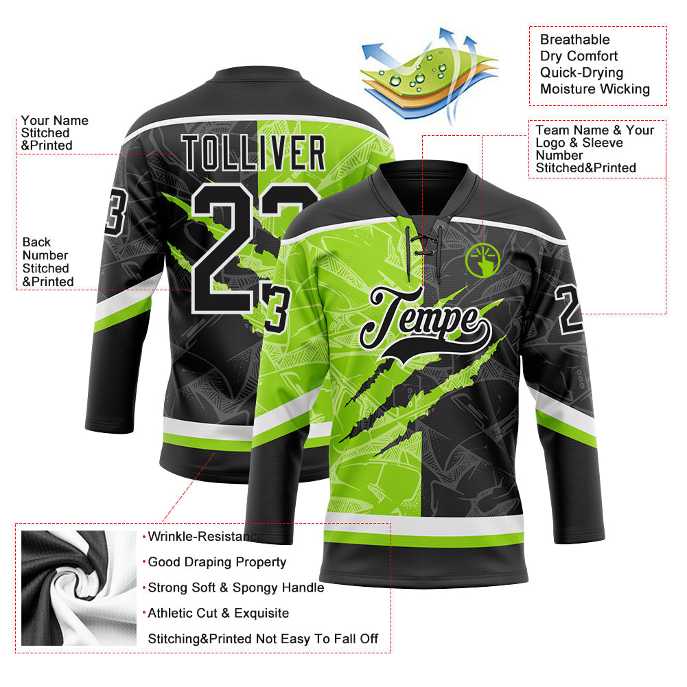 Custom Black Neon Green-White 3D Pattern Gradient Fashion Scratch Hockey Lace Neck Jersey