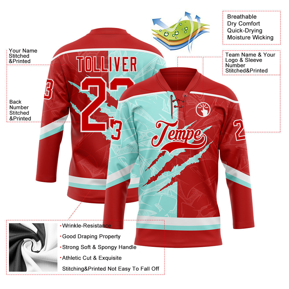 Custom Red Ice Blue-White 3D Pattern Gradient Fashion Scratch Hockey Lace Neck Jersey