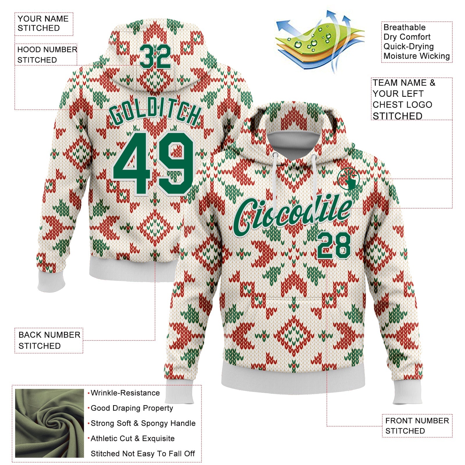 Custom Stitched City Cream Kelly Green-White 3D Christmas Sports Pullover Sweatshirt Hoodie