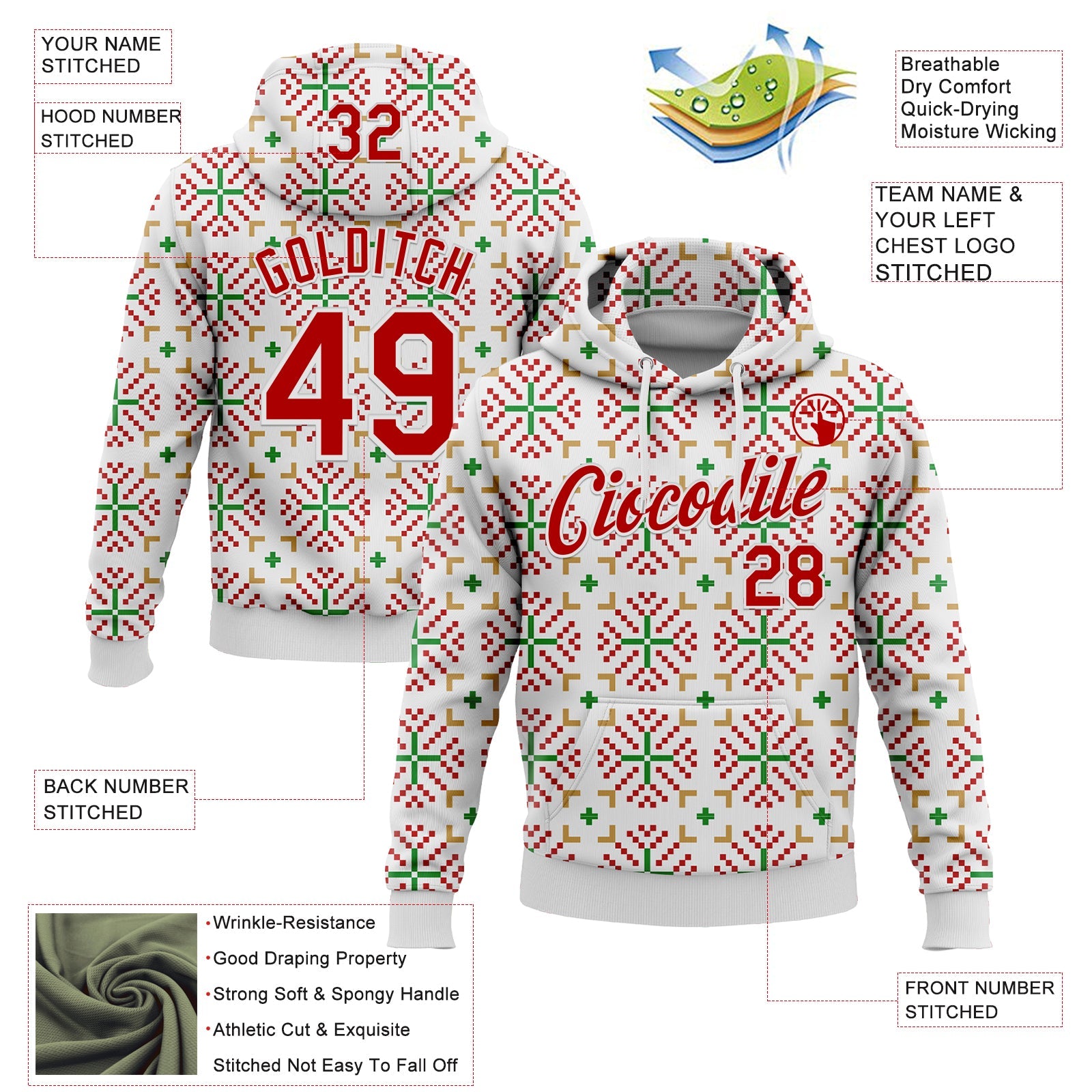 Custom Stitched White Red-White 3D Christmas Sports Pullover Sweatshirt Hoodie