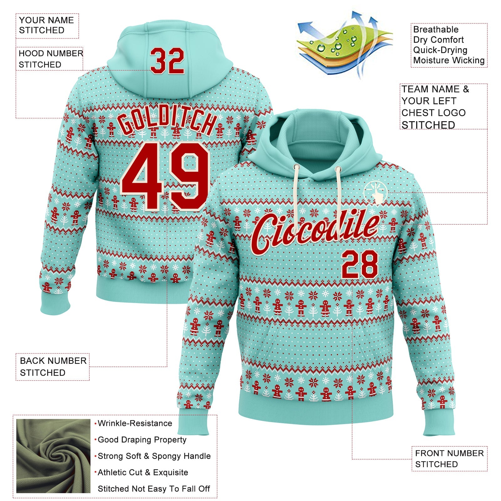 Custom Stitched Ice Blue Red-Cream 3D Christmas Ugly Sweater Sports Pullover Sweatshirt Hoodie