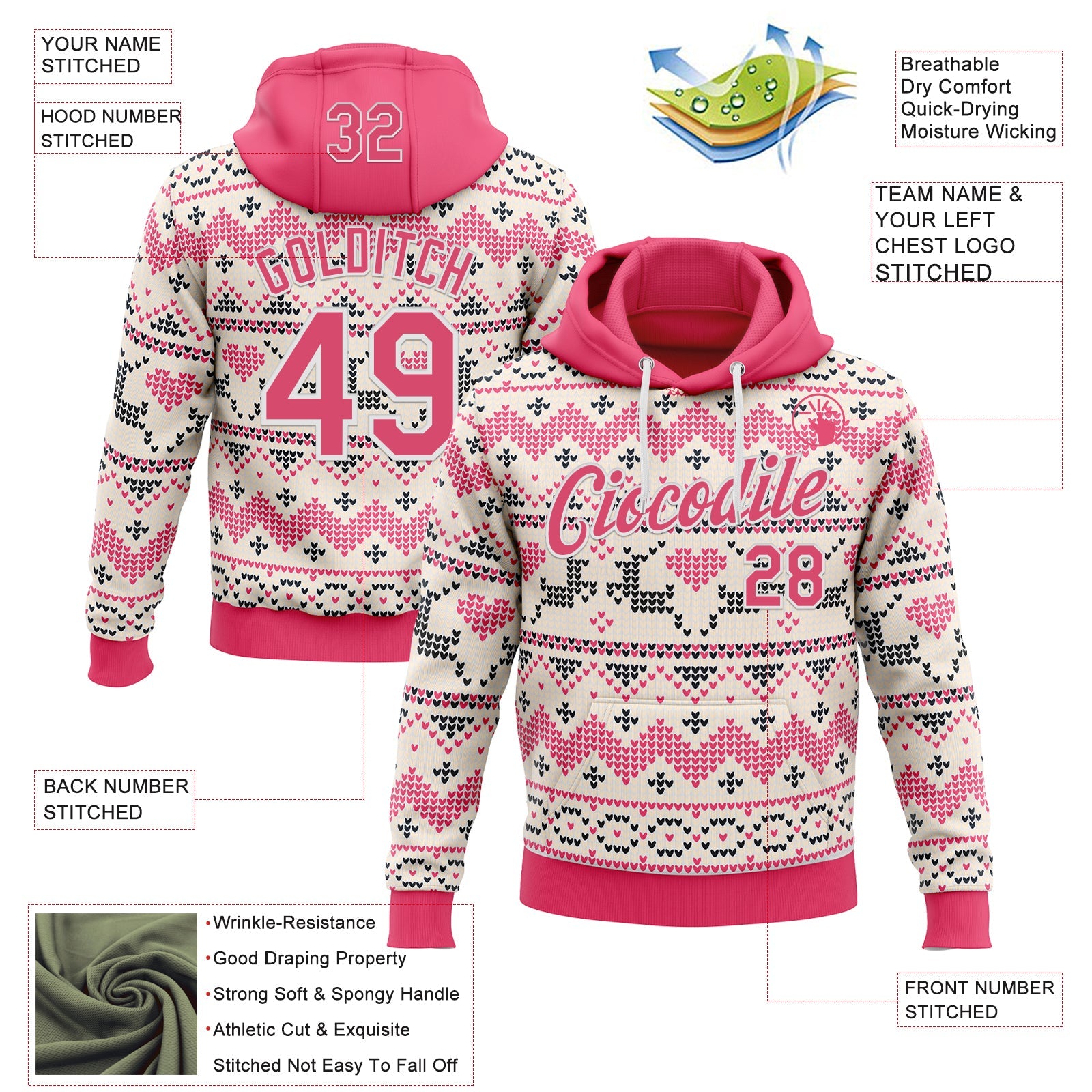 Custom Stitched White Neon Pink-White 3D Christmas Ugly Sweater Sports Pullover Sweatshirt Hoodie
