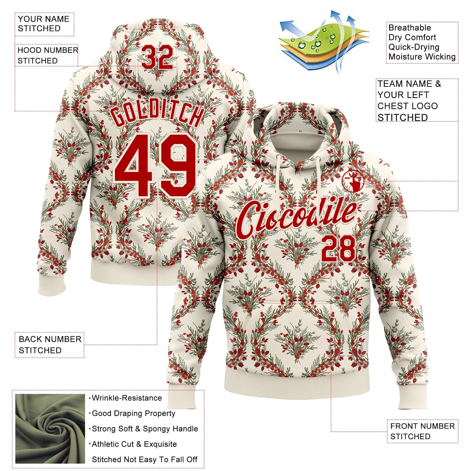 Custom Stitched Cream Red-Cream 3D Christmas Damask Floral Sports Pullover Sweatshirt Hoodie