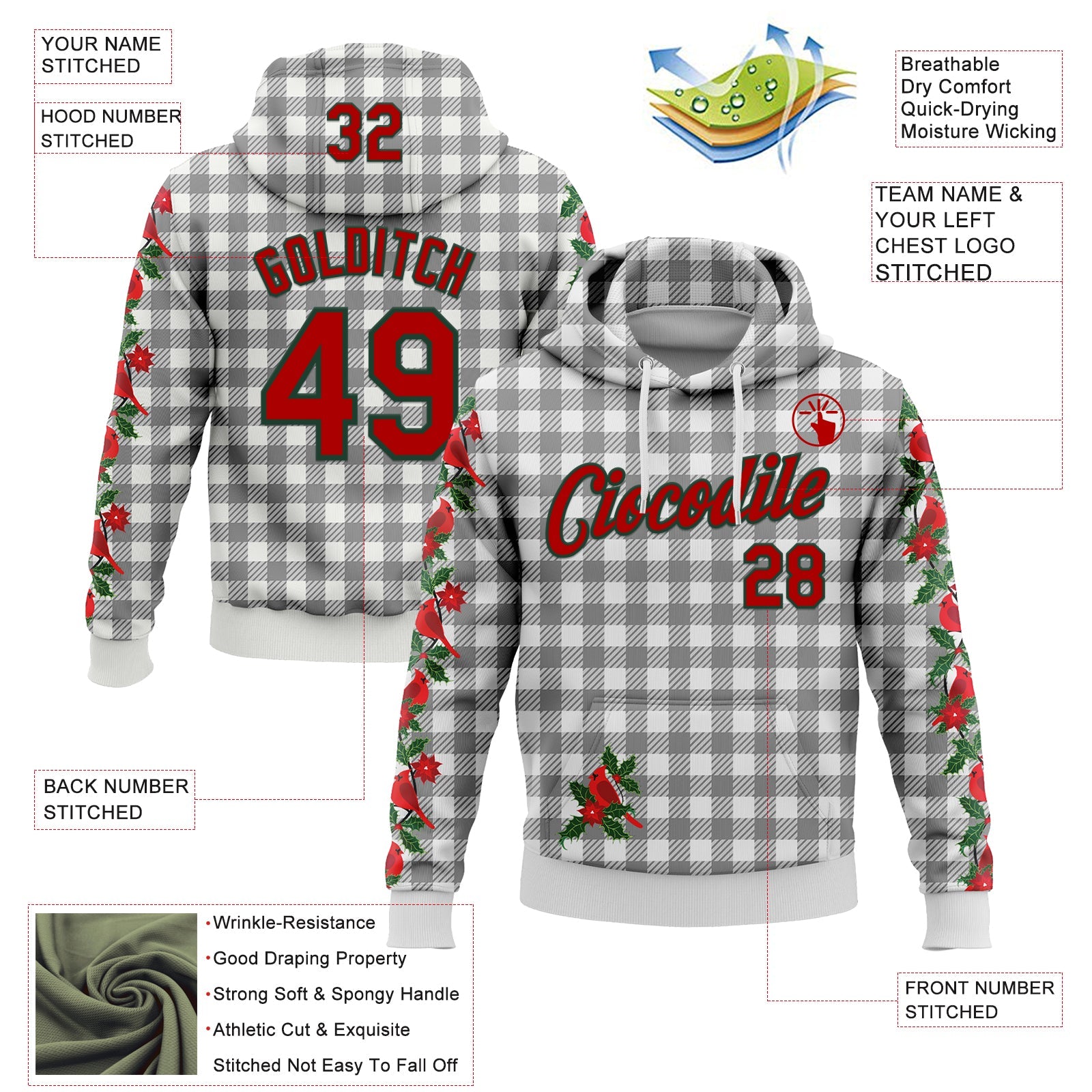 Custom Stitched White Red-Green 3D Christmas Floral Plaid Sports Pullover Sweatshirt Hoodie