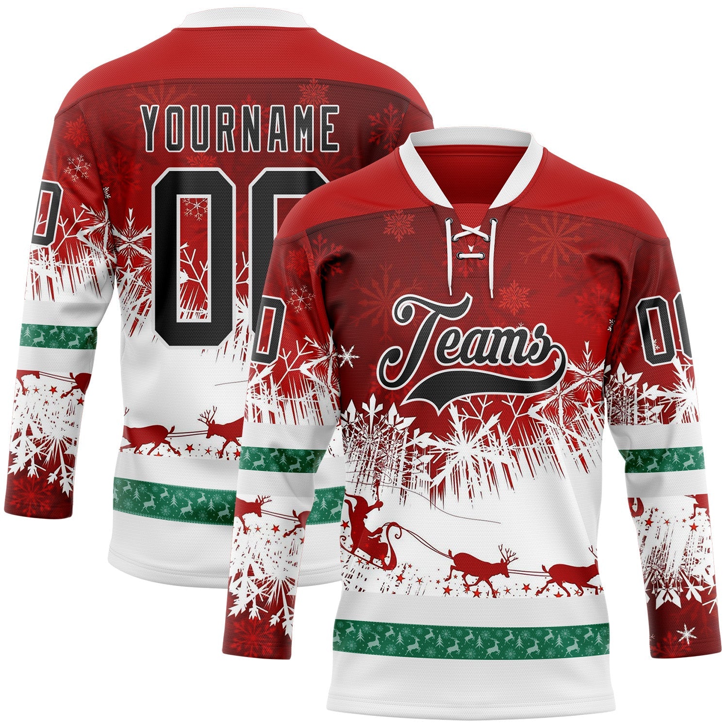 Custom Red Black-White 3D Christmas Reindeer Hockey Lace Neck Jersey
