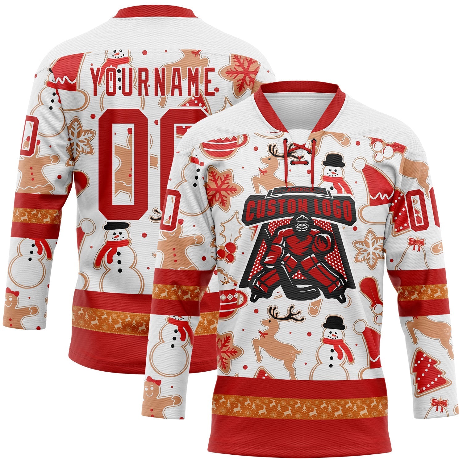 Custom White Red-White 3D Christmas Hockey Lace Neck Jersey
