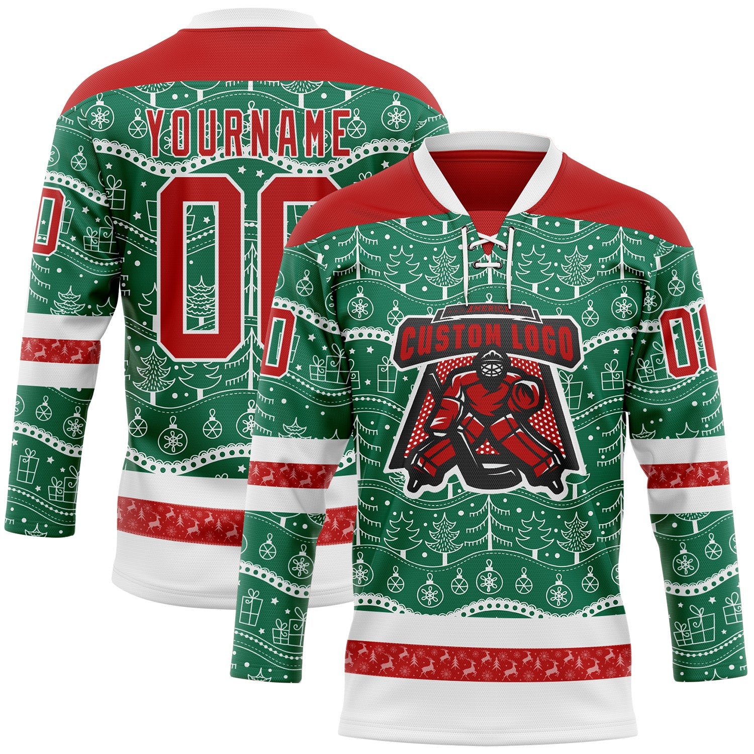 Custom Kelly Green Red-White 3D Christmas Hockey Lace Neck Jersey