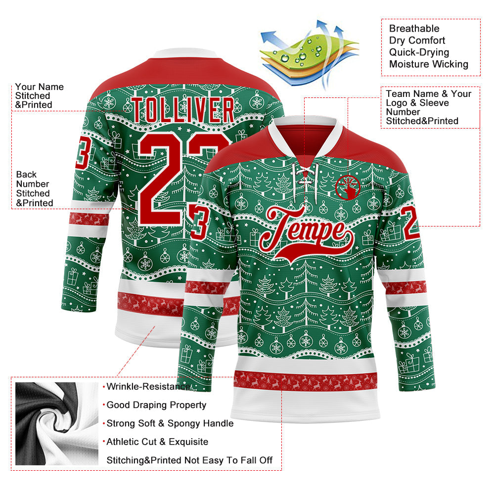 Custom Kelly Green Red-White 3D Christmas Hockey Lace Neck Jersey