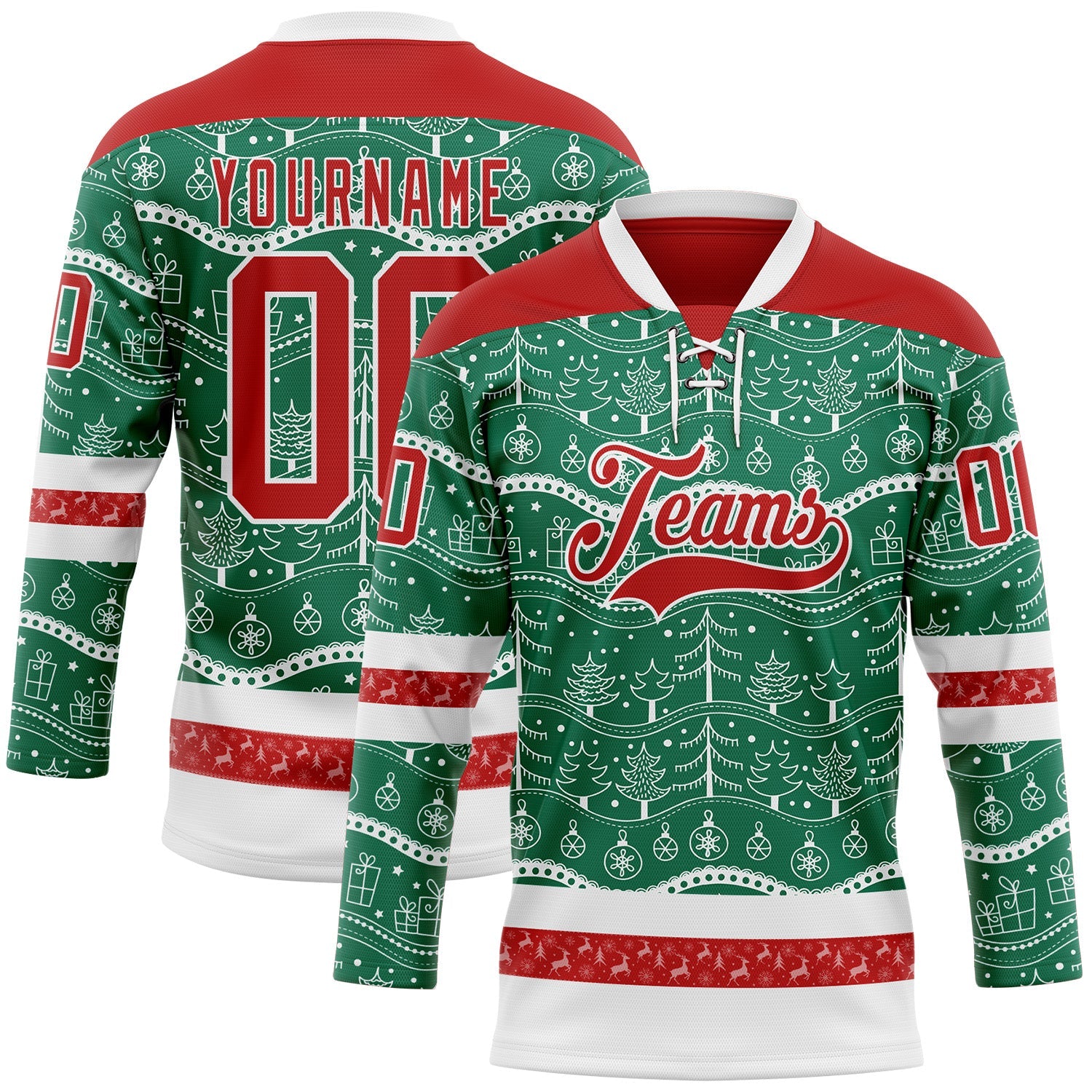 Custom Kelly Green Red-White 3D Christmas Hockey Lace Neck Jersey