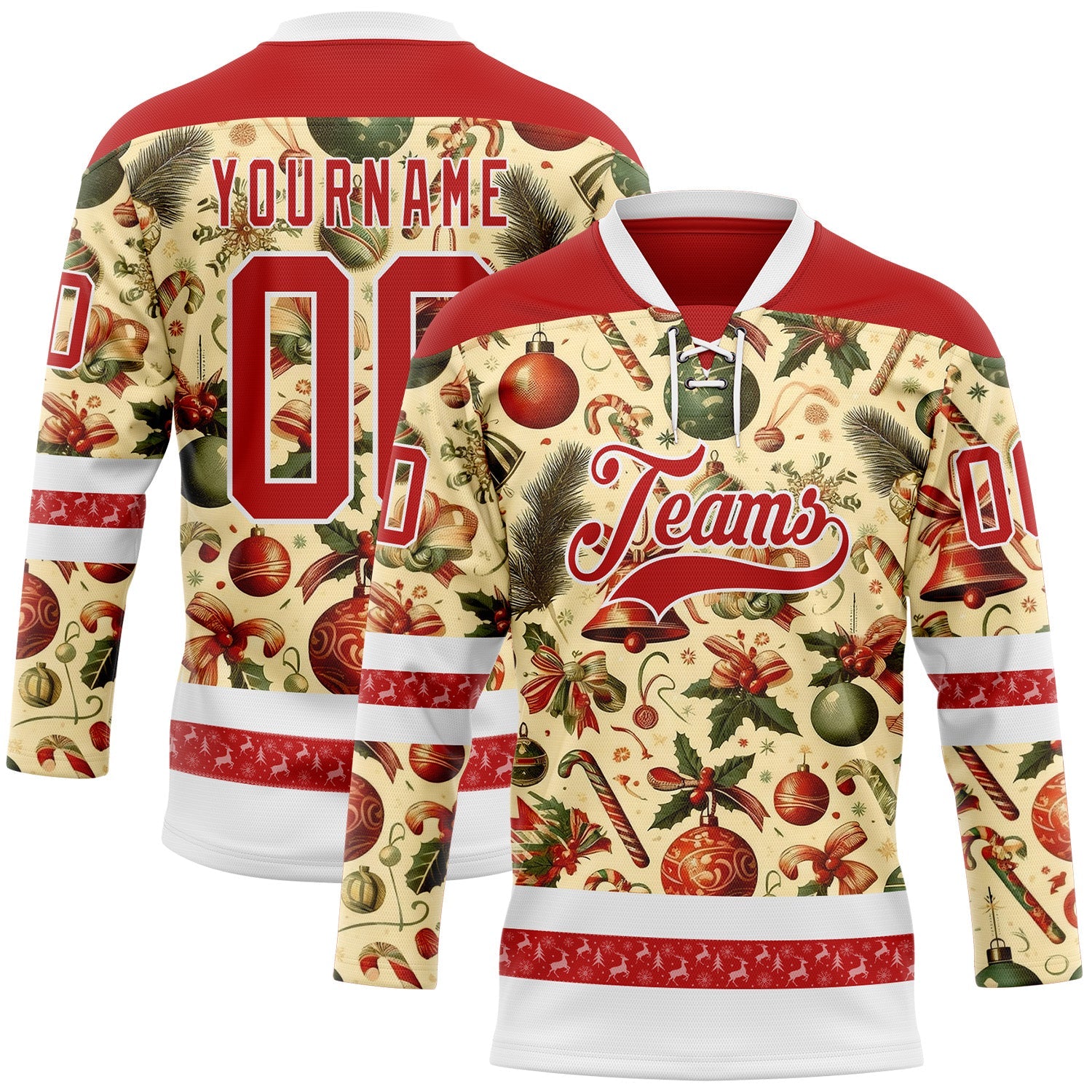 Custom Red Red-White 3D Christmas Hockey Lace Neck Jersey