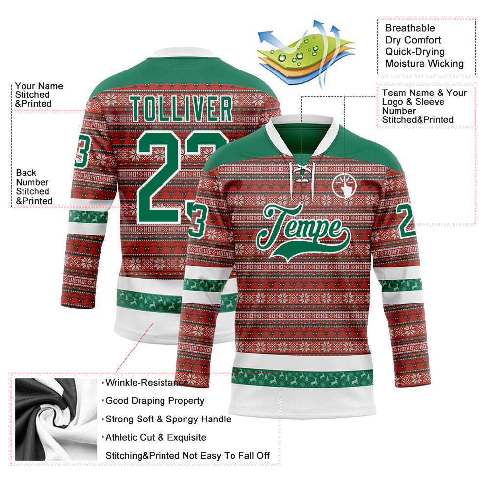 Custom Red Kelly Green-White 3D Christmas Ugly Sweater Hockey Lace Neck Jersey
