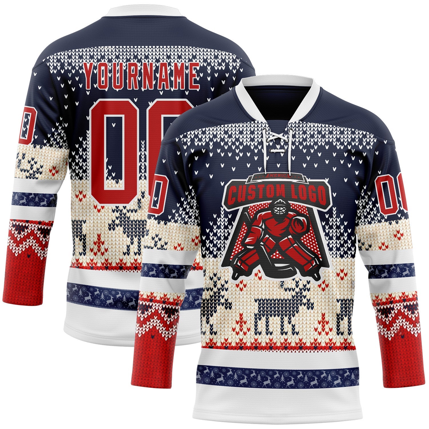 Custom Navy Red-White 3D Christmas Ugly Sweater Hockey Lace Neck Jersey