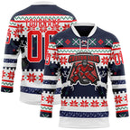 Custom Navy Fire Red-White 3D Christmas Ugly Sweater Hockey Lace Neck Jersey