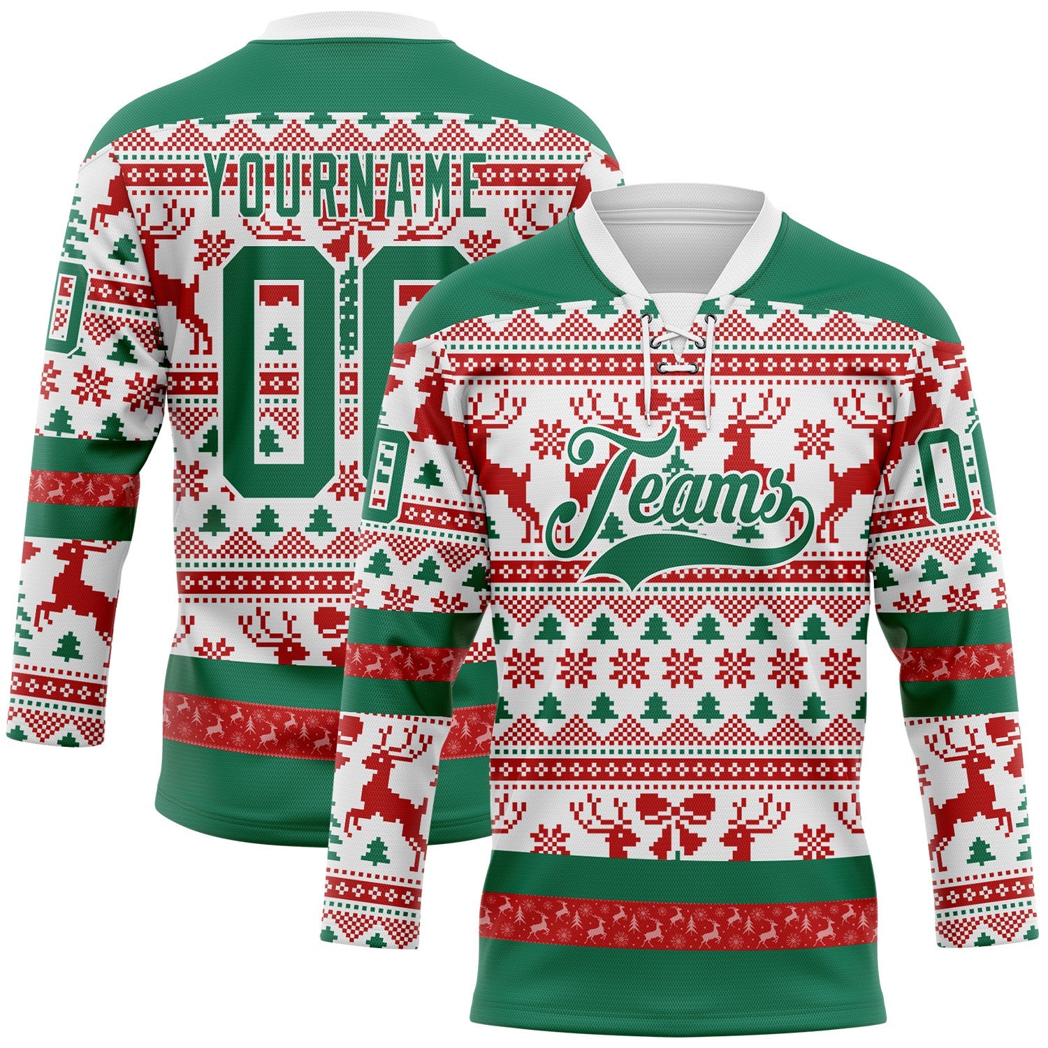 Custom Red Kelly Green-White 3D Christmas Ugly Sweater Hockey Lace Neck Jersey