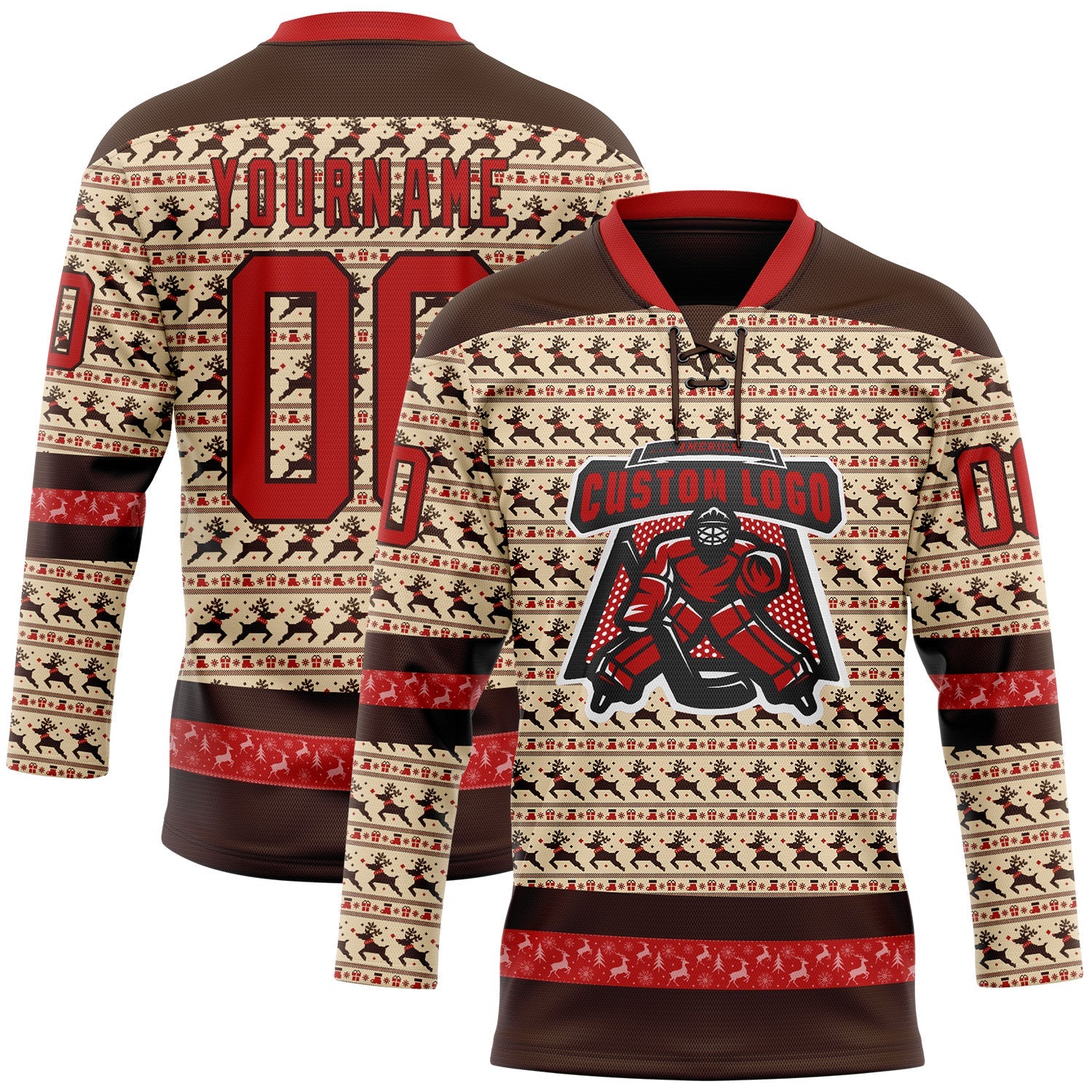 Custom City Cream Red-Brown 3D Christmas Hockey Lace Neck Jersey