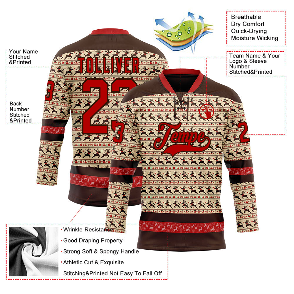 Custom City Cream Red-Brown 3D Christmas Hockey Lace Neck Jersey