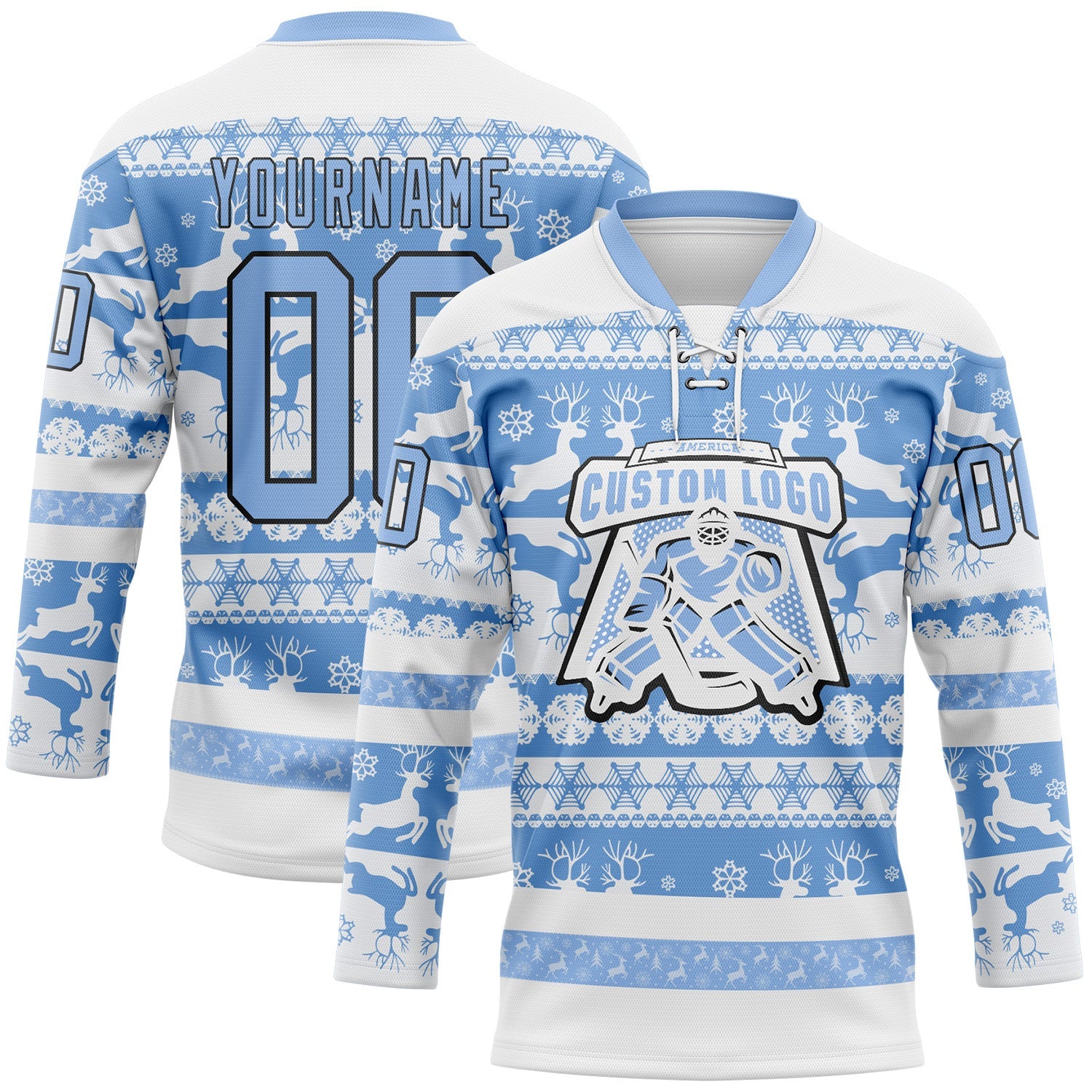 Custom White Light Blue-Black 3D Christmas Ugly Sweater Hockey Lace Neck Jersey