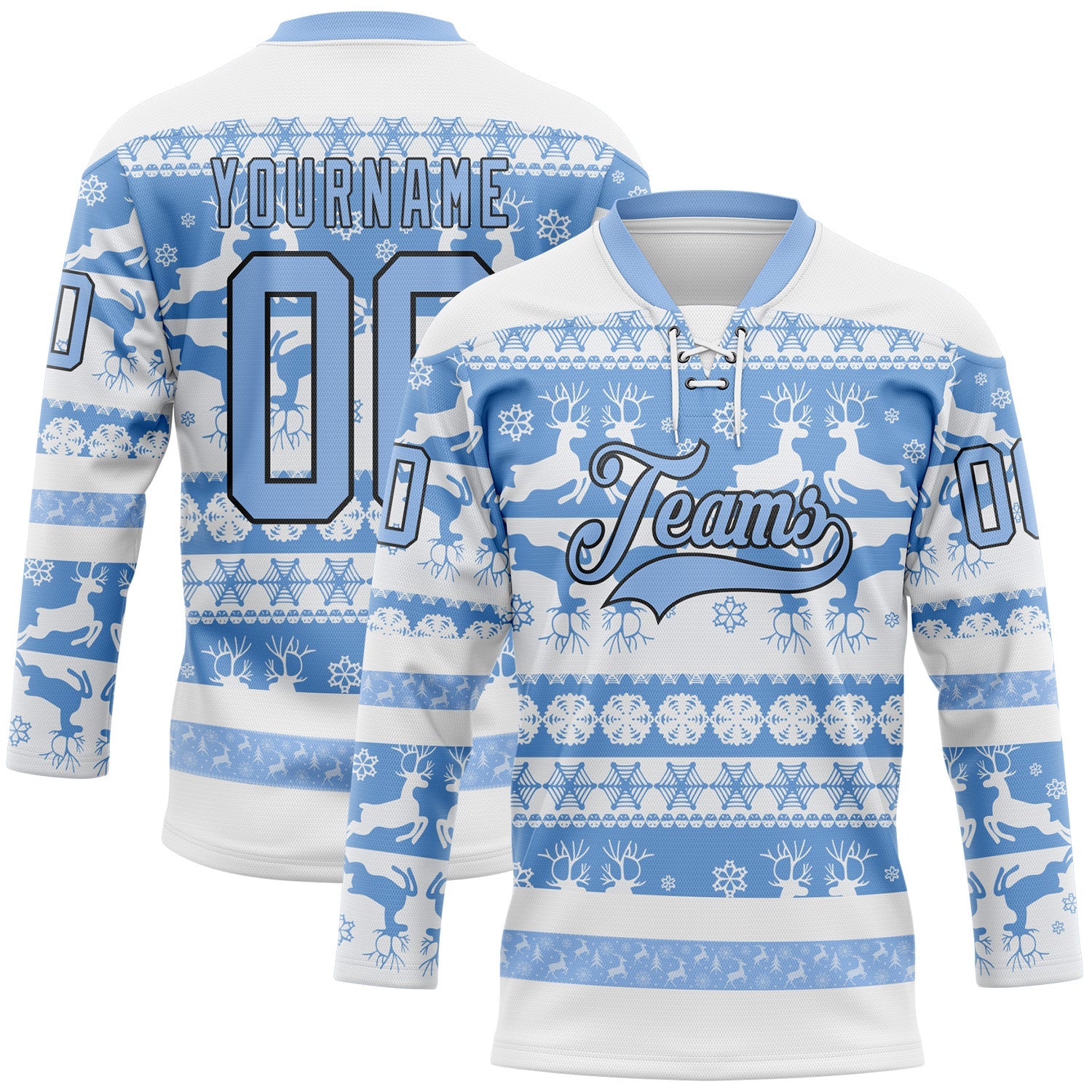 Custom White Light Blue-Black 3D Christmas Ugly Sweater Hockey Lace Neck Jersey