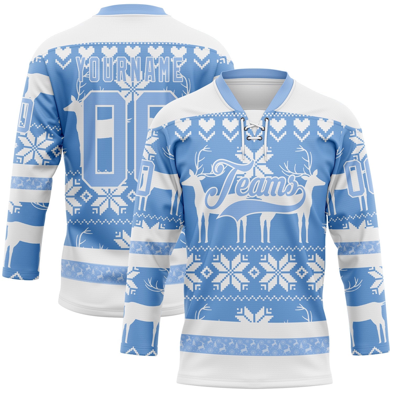 Custom White Light Blue-White 3D Christmas Ugly Sweater Hockey Lace Neck Jersey