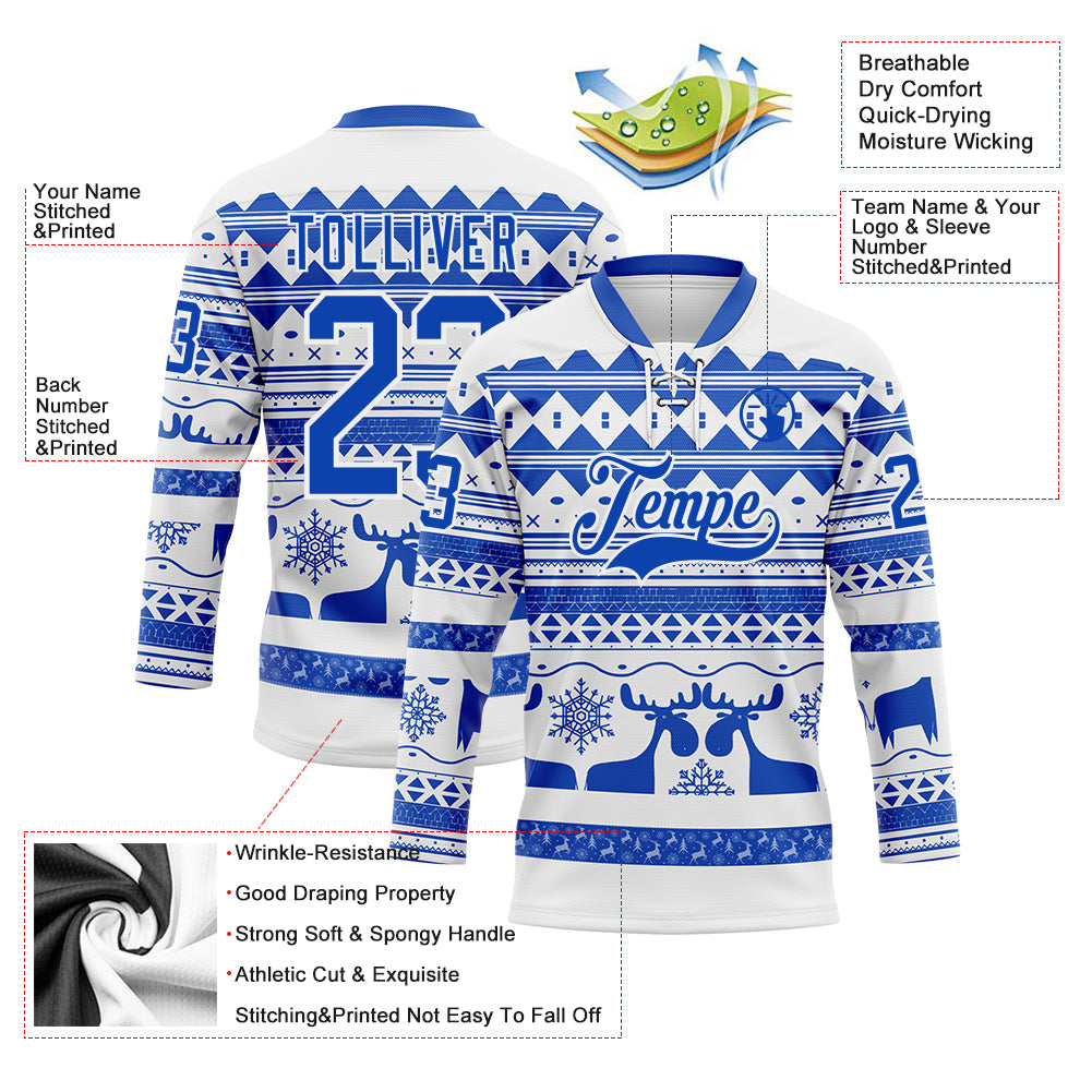 Custom White Thunder Blue-White 3D Christmas Ugly Sweater Hockey Lace Neck Jersey