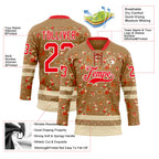 Custom Old Gold Fire Red-White 3D Christmas Hockey Lace Neck Jersey