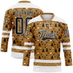 Custom Old Gold Black-White 3D Christmas Hockey Lace Neck Jersey