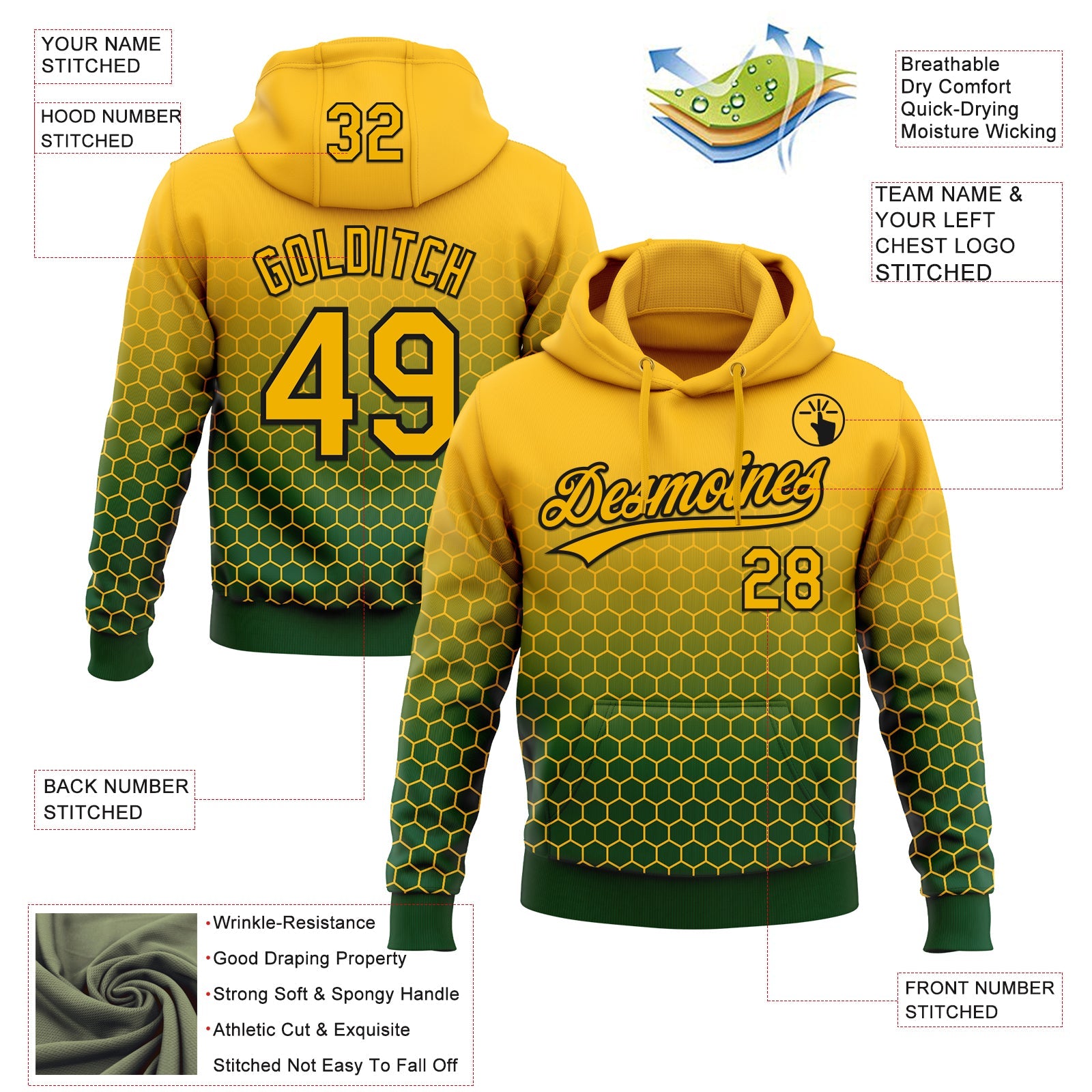 Custom Stitched Green Gold-Black 3D Pattern Design Geometrico Graph Sports Pullover Sweatshirt Hoodie