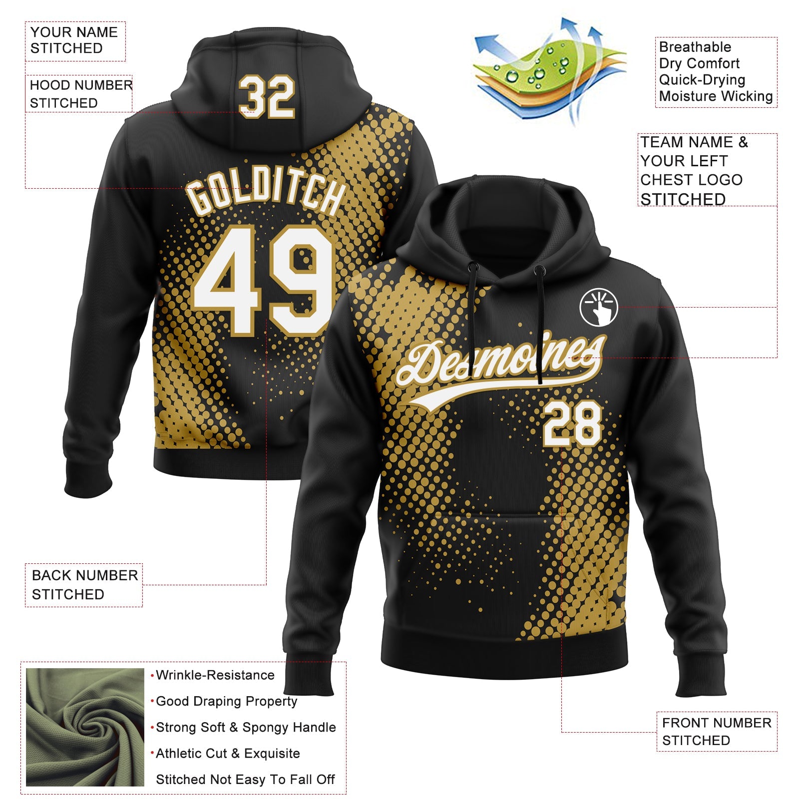 Custom Stitched Black White-Old Gold 3D Pattern Design Geometrico Graph Sports Pullover Sweatshirt Hoodie