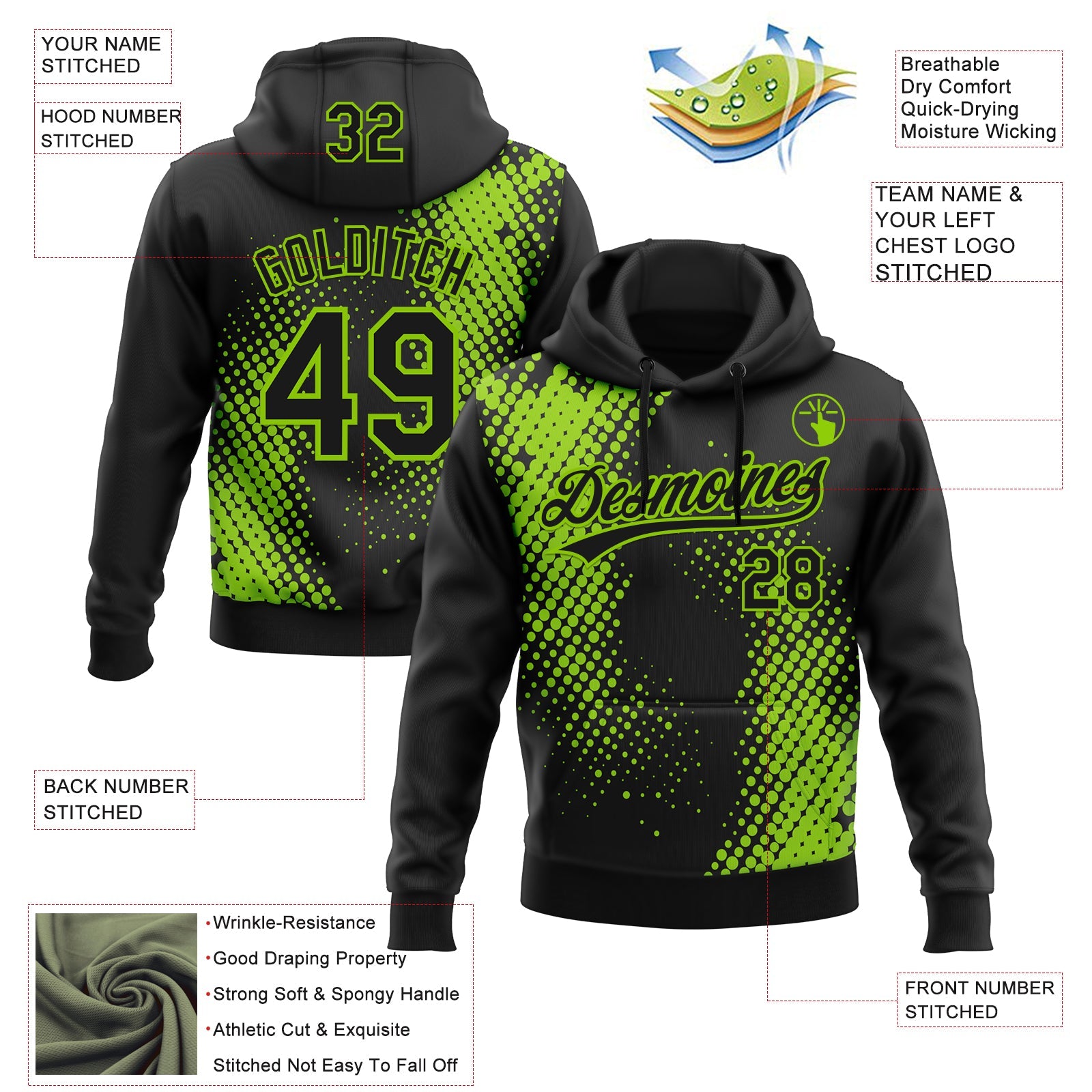 Custom Stitched Black Black-Neon Green 3D Pattern Design Geometrico Graph Sports Pullover Sweatshirt Hoodie
