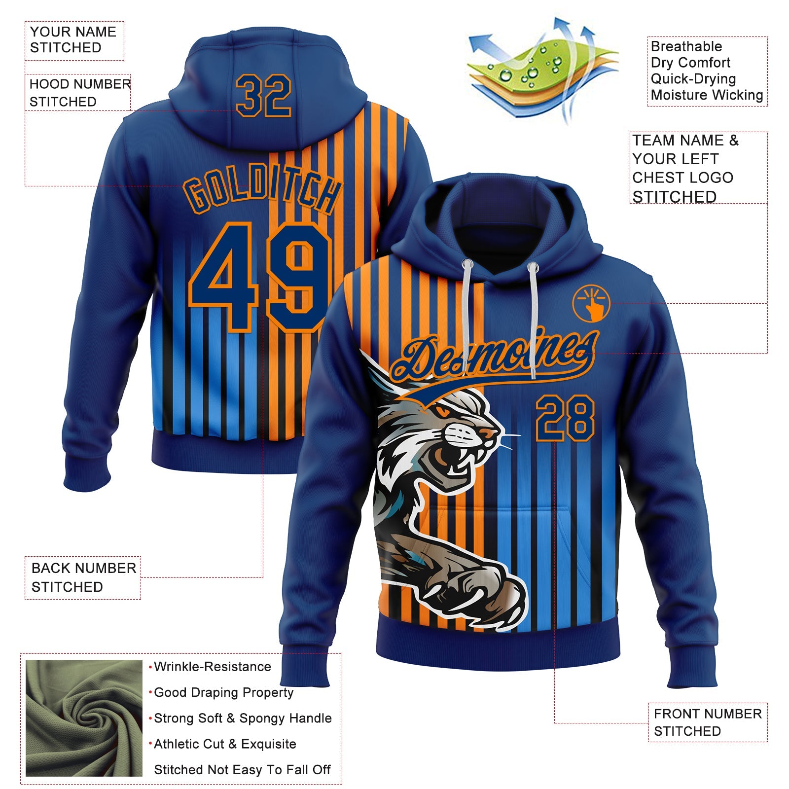 Custom Stitched Powder Blue US Navy Blue-Bay Orange 3D Pattern Design Leopardo Sports Pullover Sweatshirt Hoodie