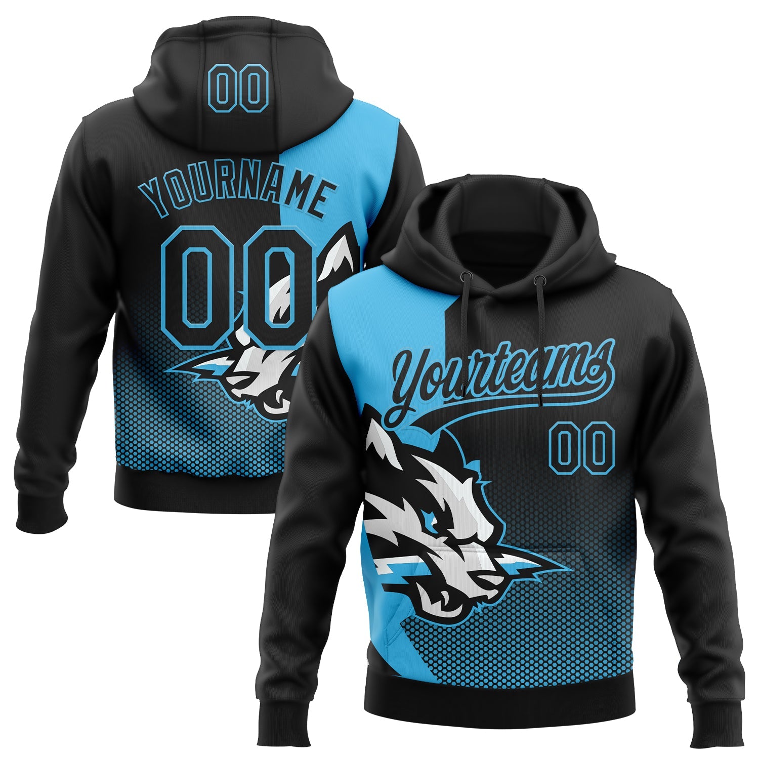 Custom Stitched Black Black-Sky Blue 3D Pattern Design Wolf Sports Pullover Sweatshirt Hoodie