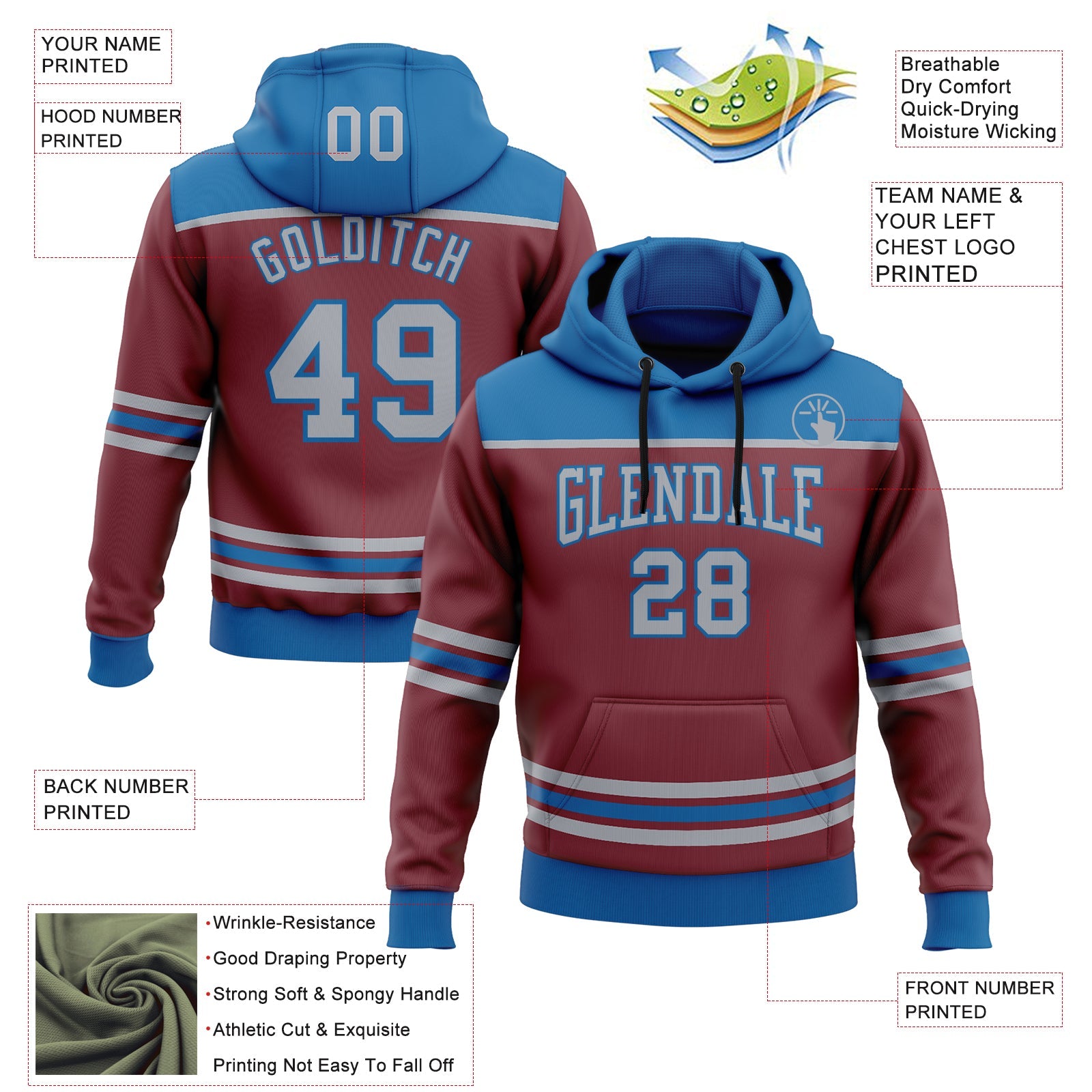 Custom Burgundy Gray-Blue 3D Pattern Design Game Day Colorado Inspired Sports Pullover Sweatshirt Hoodie