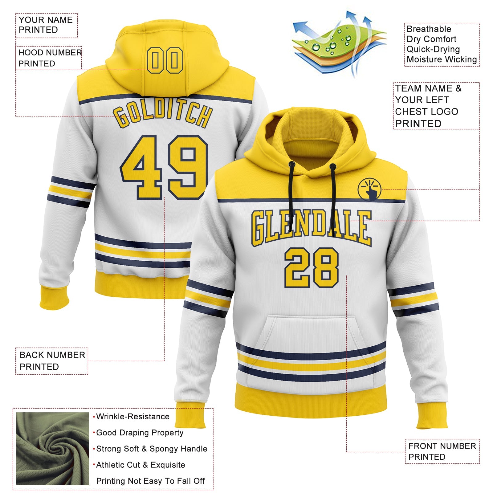 Custom White Yellow-Navy 3D Pattern Design Game Day Nashville Inspired Sports Pullover Sweatshirt Hoodie