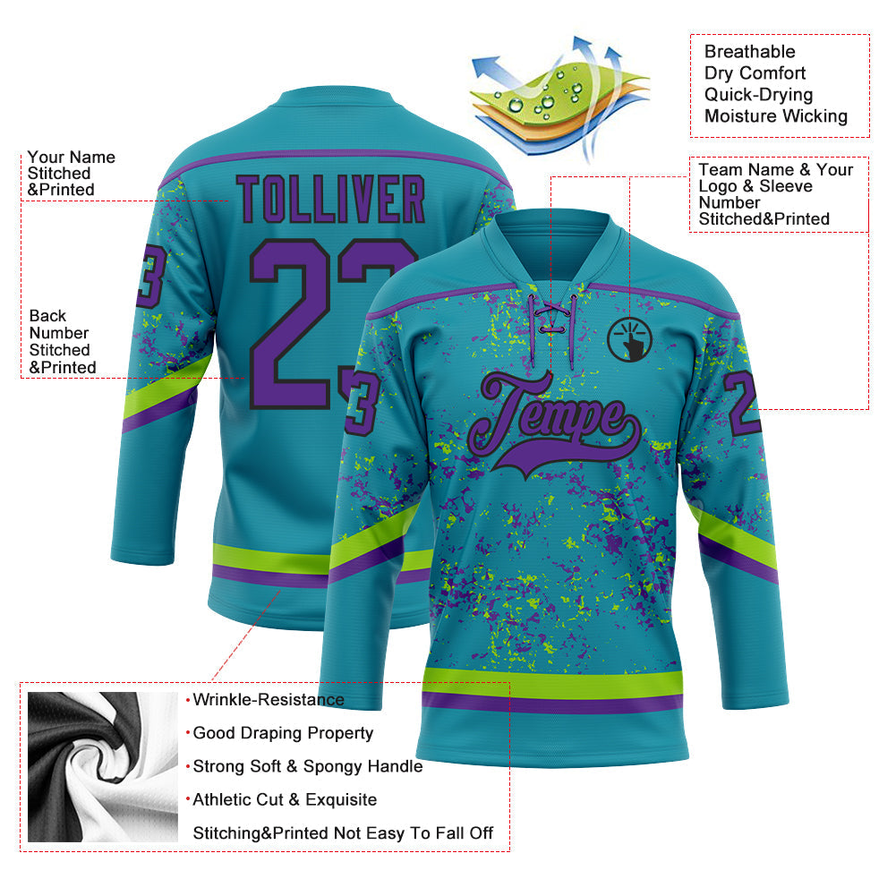 Custom Teal Purple Neon Green-Black 3D Pattern Fragment Art Hockey Lace Neck Jersey