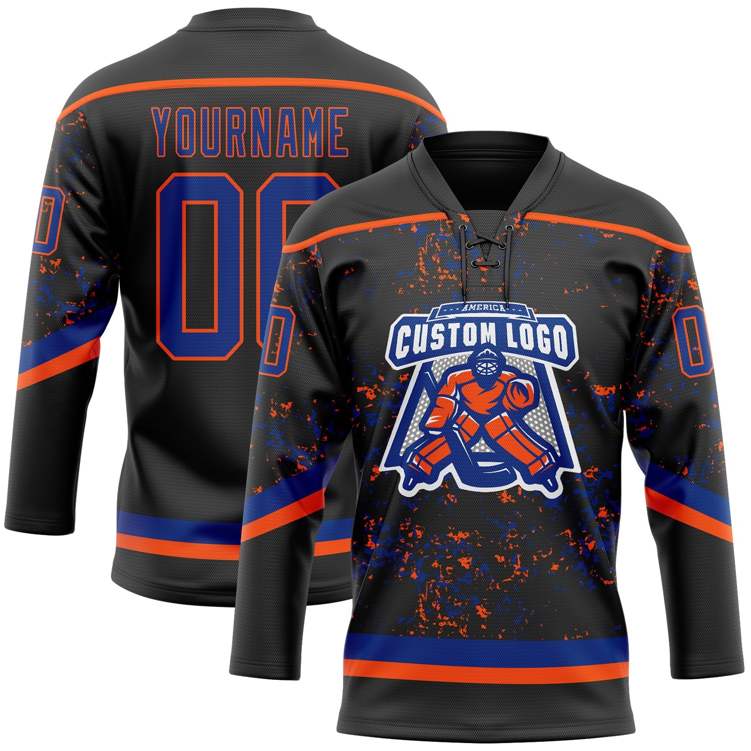 Custom Black Royal-Orange 3D Pattern Fragment Art Hockey Lace Neck Jersey